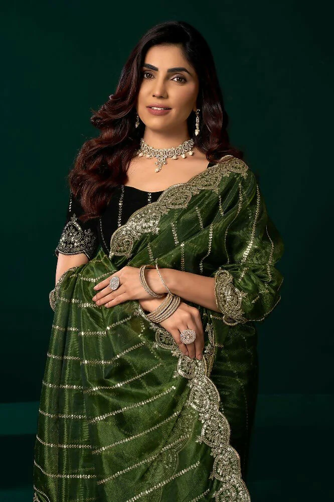 Joban Fashion Green Net Party Wear Sarees - Image 3