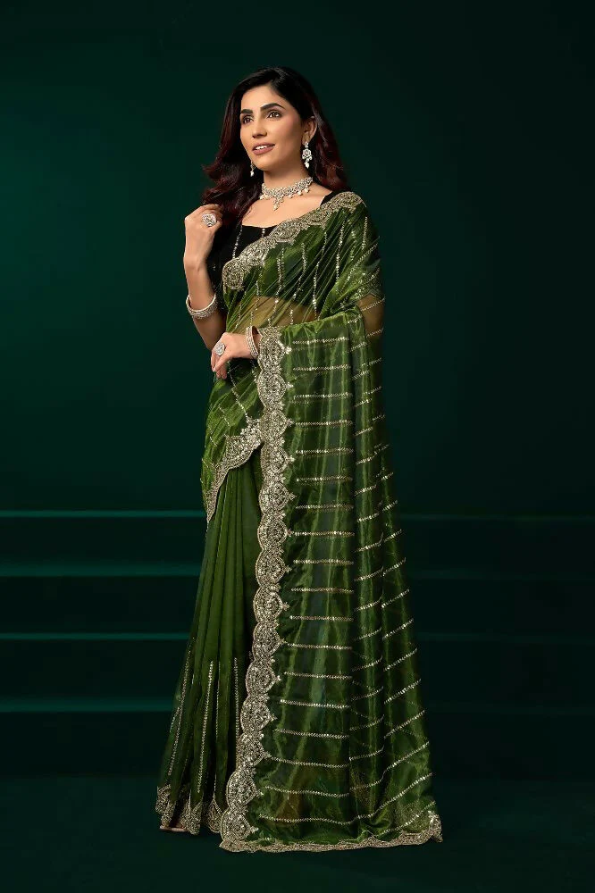Joban Fashion Green Net Party Wear Sarees - Image 5
