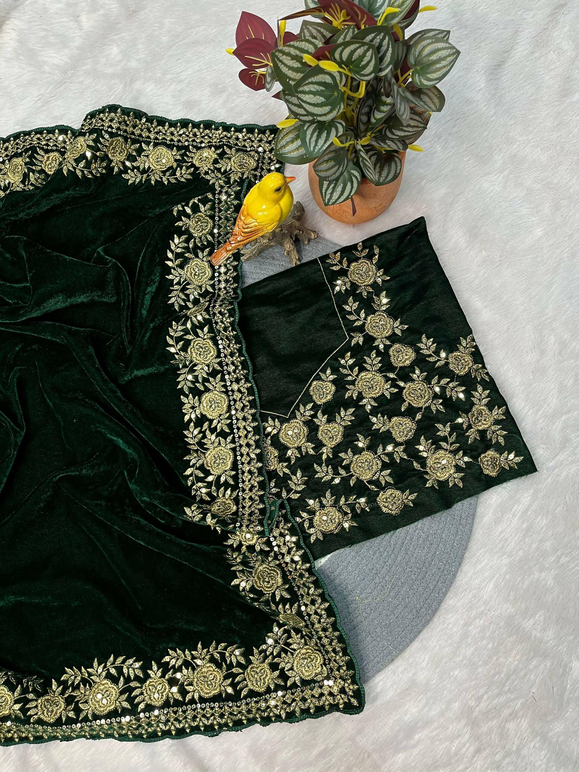 Joban Fashion Green Viscose Velvet Party Wear Sarees - Image 5