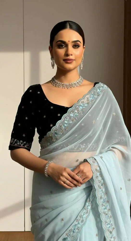Joban Fashion Ice Blue Faux Georgette Party Wear Sarees - Image 4