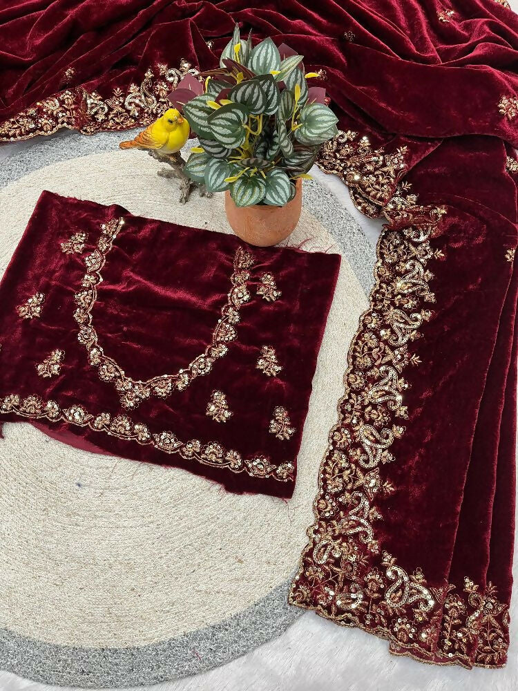 Joban Fashion Maroon 9000 Velvet Party Wear Sarees - Image 10