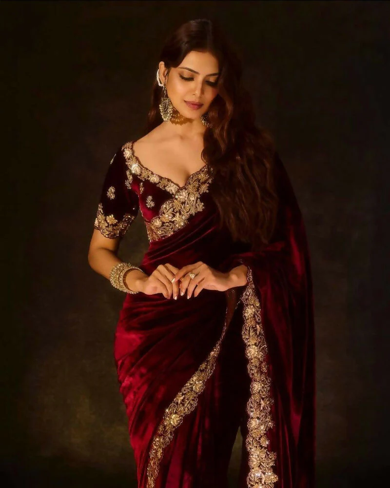 Joban Fashion Maroon 9000 Velvet Party Wear Sarees - Image 5