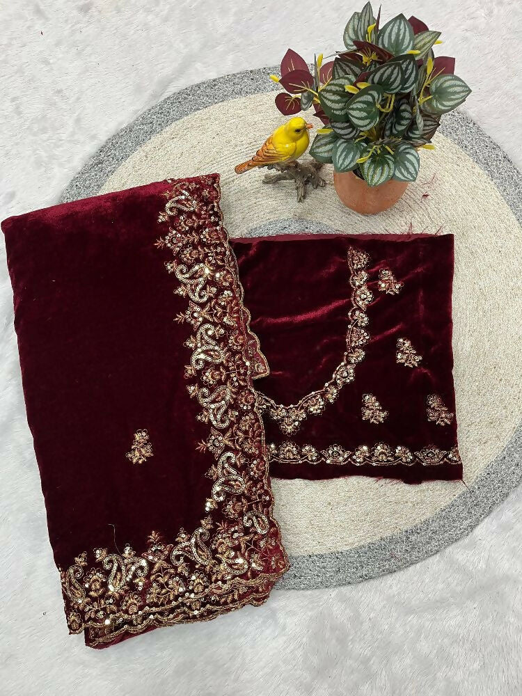 Joban Fashion Maroon 9000 Velvet Party Wear Sarees - Image 9