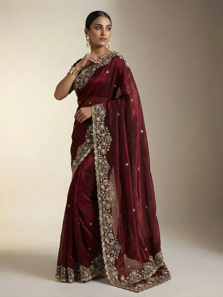 Joban Fashion Maroon Fandy Satin Silk Party Wear Sarees