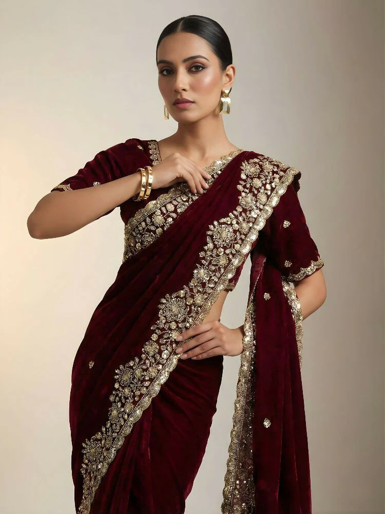 Joban Fashion Maroon Fandy Satin Silk Party Wear Sarees - Image 2
