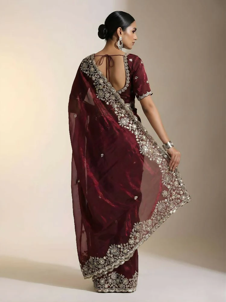 Joban Fashion Maroon Fandy Satin Silk Party Wear Sarees - Image 4