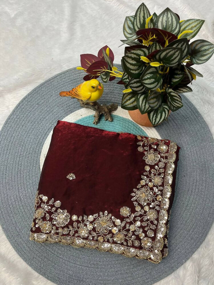 Joban Fashion Maroon Fandy Satin Silk Party Wear Sarees - Image 5