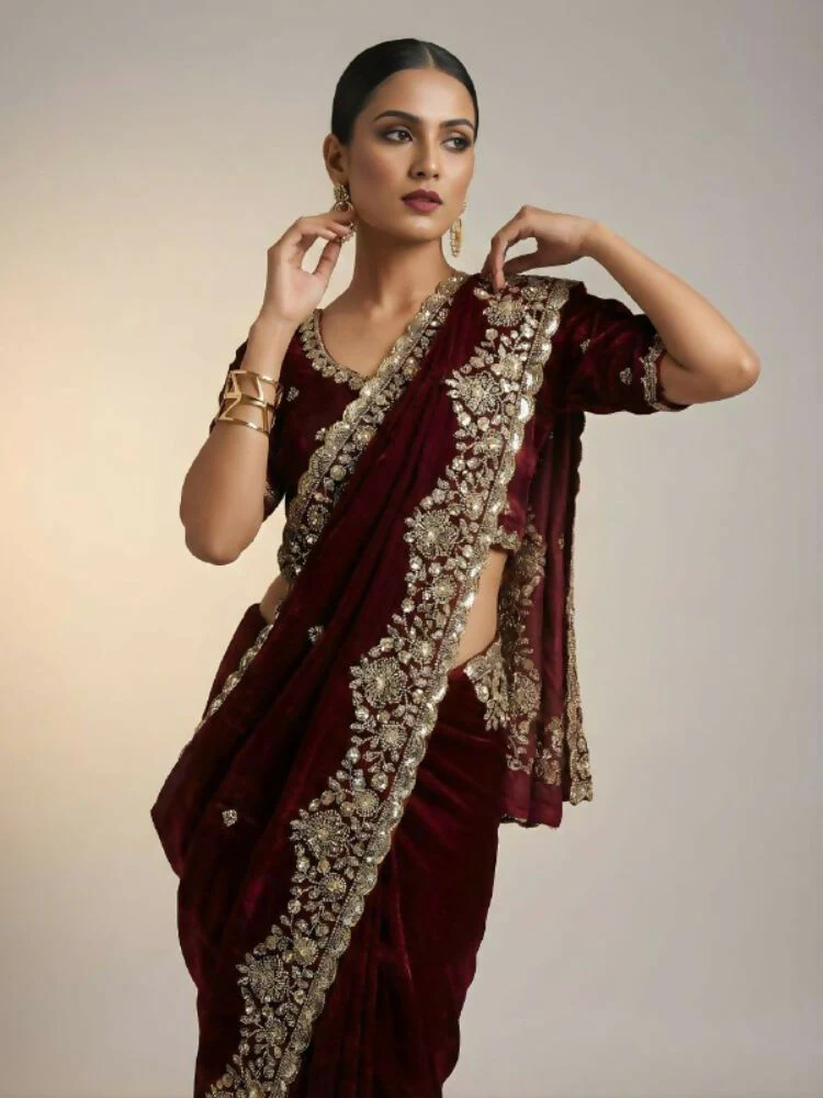 Joban Fashion Maroon Fandy Satin Silk Party Wear Sarees - Image 6