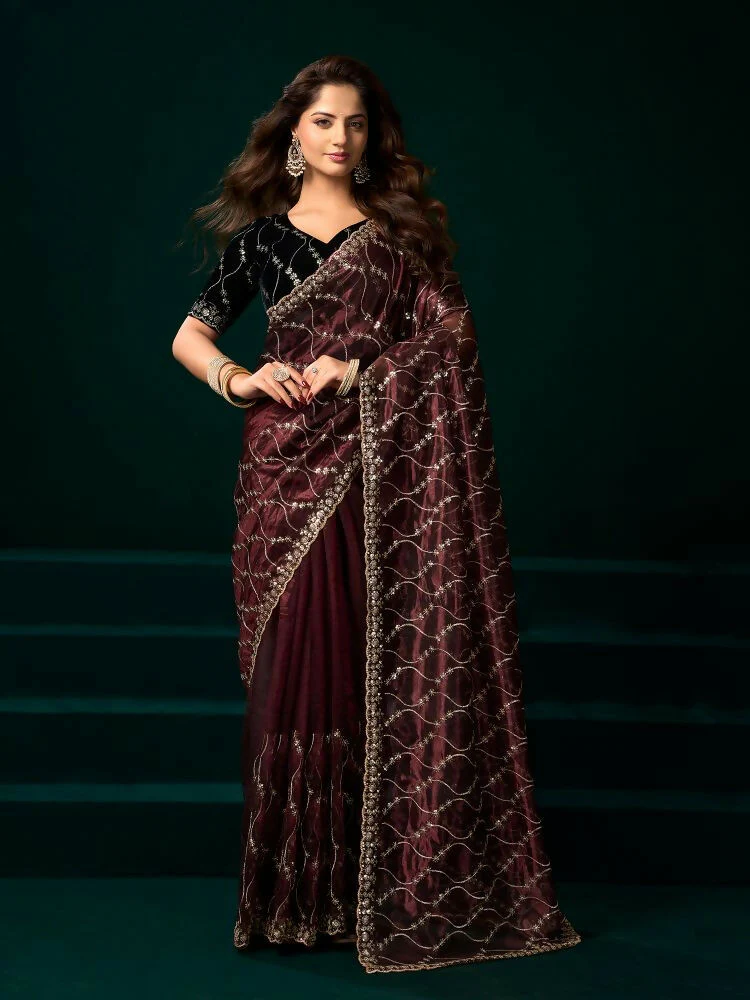 Joban Fashion Maroon Net Party Wear Sarees