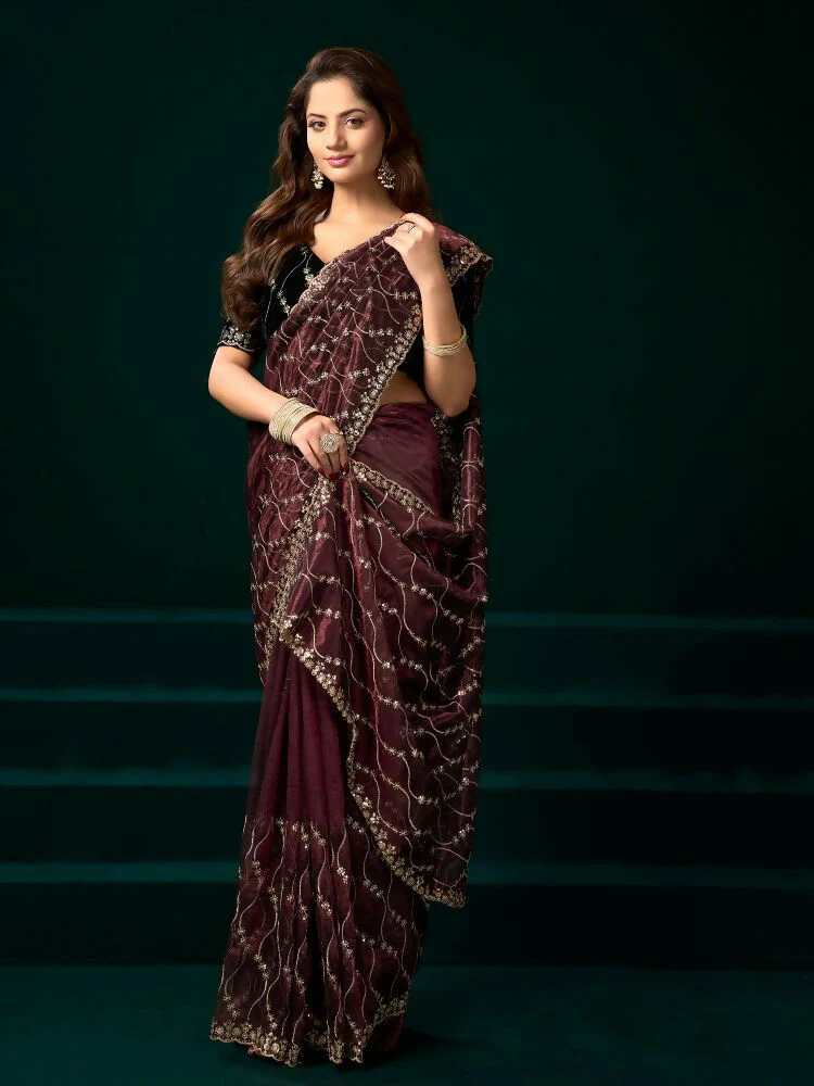 Joban Fashion Maroon Net Party Wear Sarees - Image 2