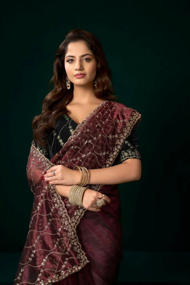 Joban Fashion Maroon Net Party Wear Sarees - Image 3