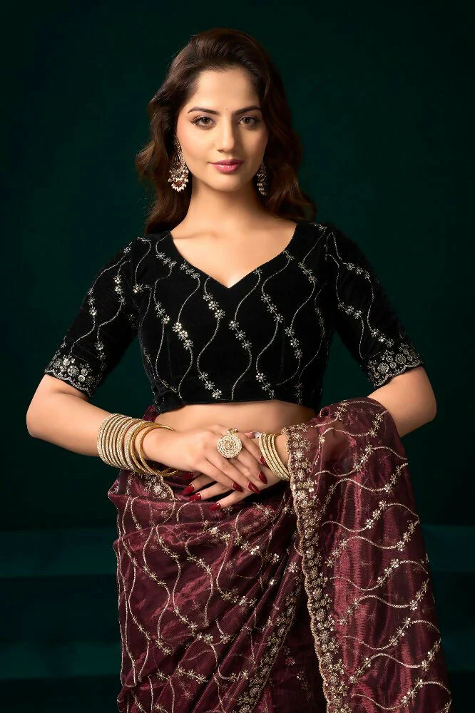 Joban Fashion Maroon Net Party Wear Sarees - Image 4