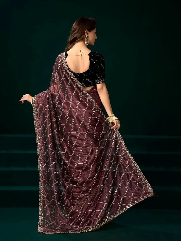 Joban Fashion Maroon Net Party Wear Sarees - Image 5