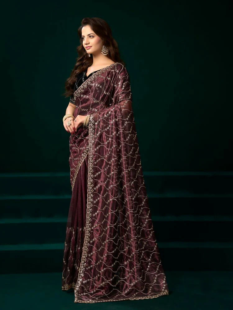 Joban Fashion Maroon Net Party Wear Sarees - Image 6
