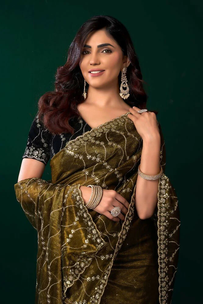 Joban Fashion Mehandi Green Net Party Wear Sarees - Image 4