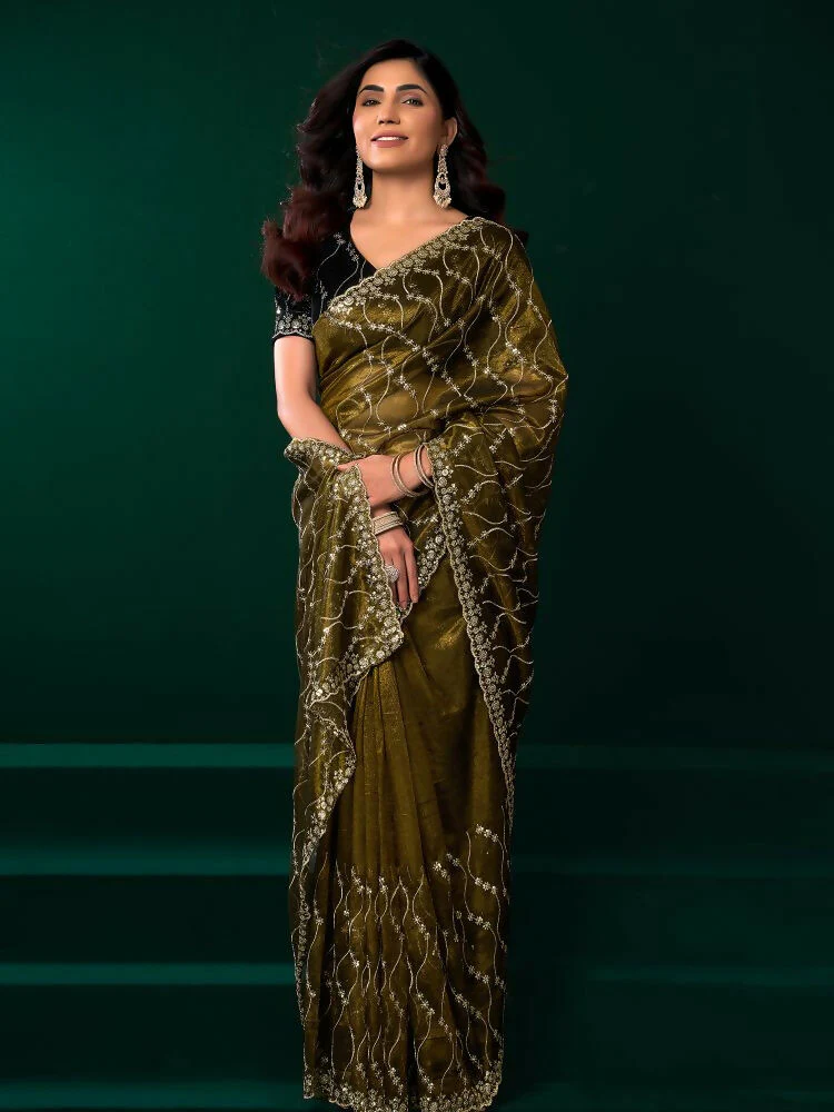 Joban Fashion Mehandi Green Net Party Wear Sarees - Image 5