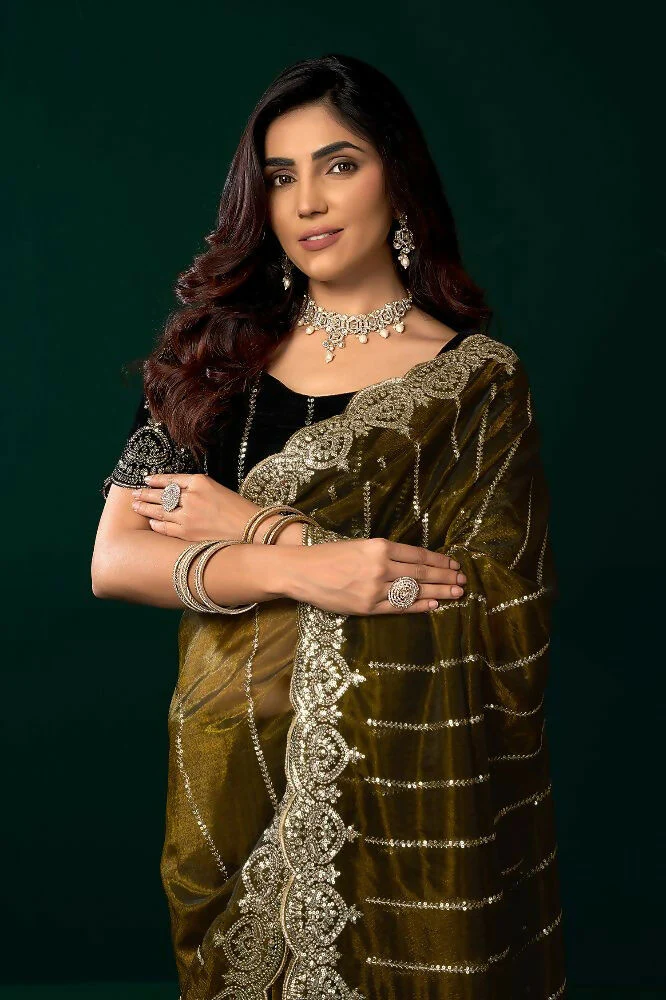 Joban Fashion Mehendi Green Net Party Wear Sarees - Image 3