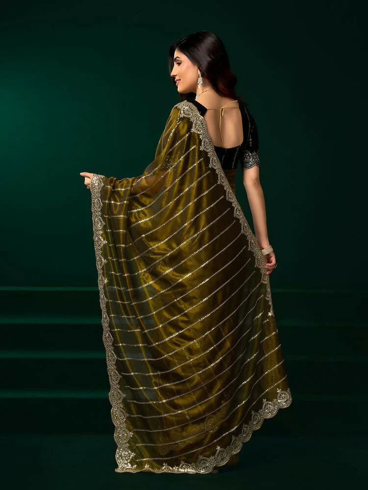 Joban Fashion Mehendi Green Net Party Wear Sarees - Image 7