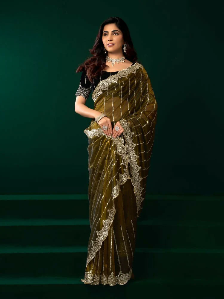 Joban Fashion Mehendi Green Net Party Wear Sarees - Image 8