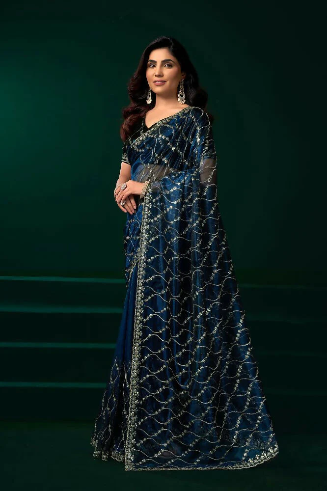Joban Fashion Navy Blue Net Party Wear Sarees - Image 3