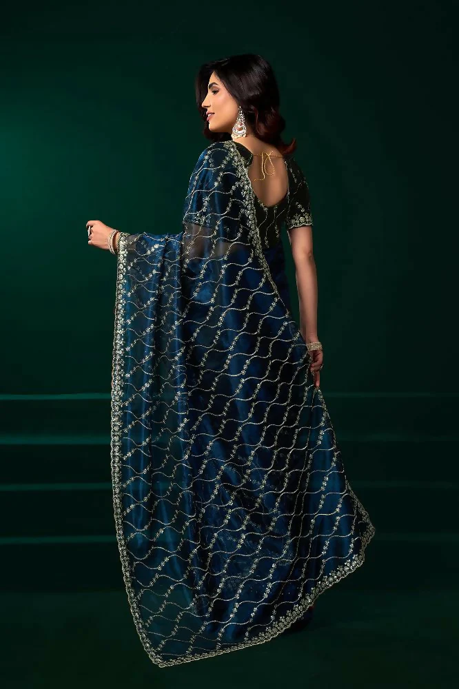 Joban Fashion Navy Blue Net Party Wear Sarees - Image 5