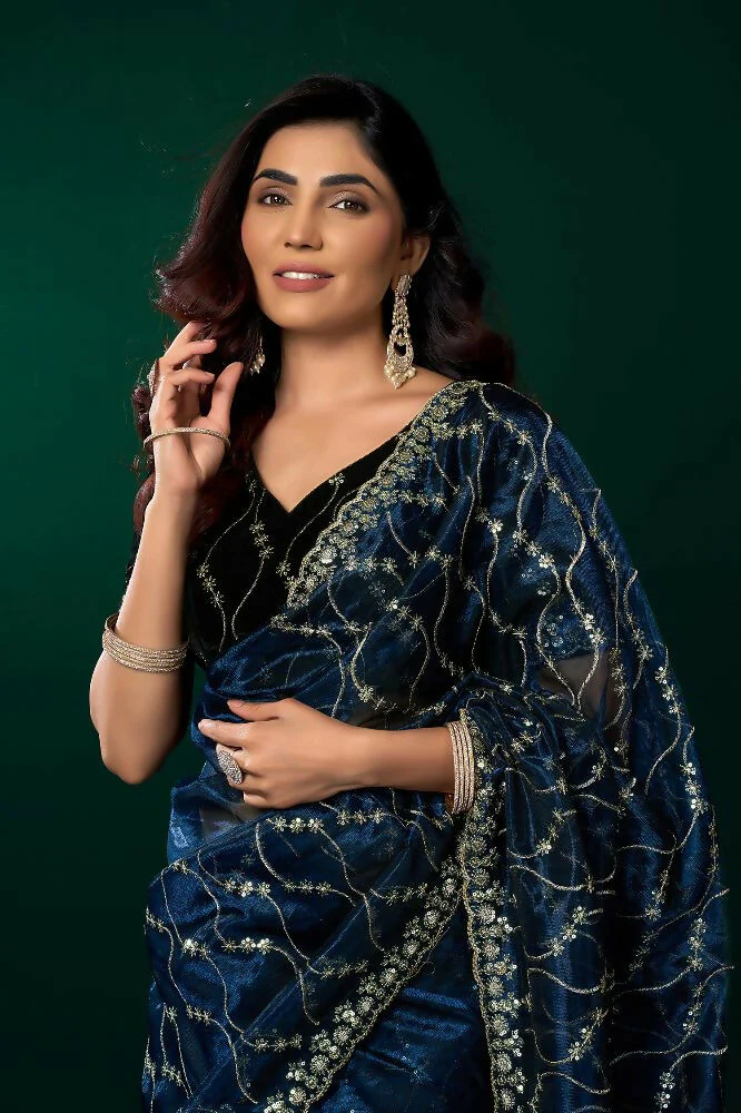 Joban Fashion Navy Blue Net Party Wear Sarees - Image 6