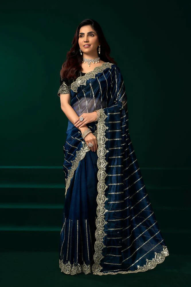 Joban Fashion Navy Blue Net Party Wear Sarees