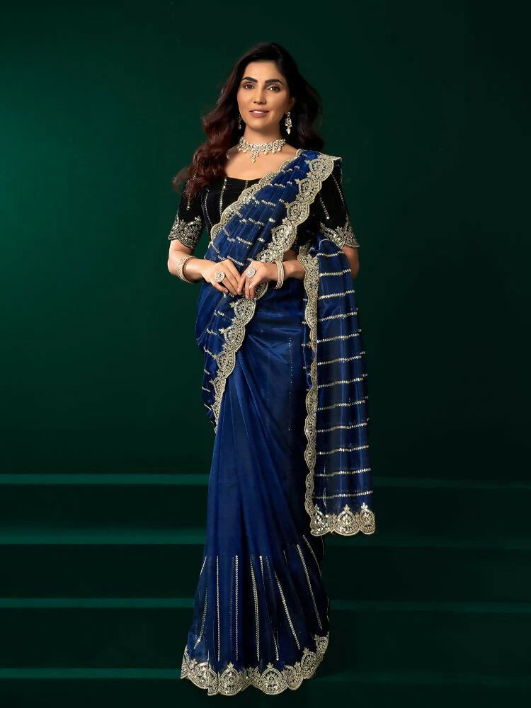 Joban Fashion Navy Blue Net Party Wear Sarees - Image 2