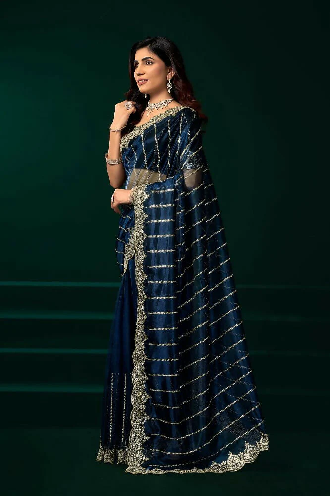 Joban Fashion Navy Blue Net Party Wear Sarees - Image 5