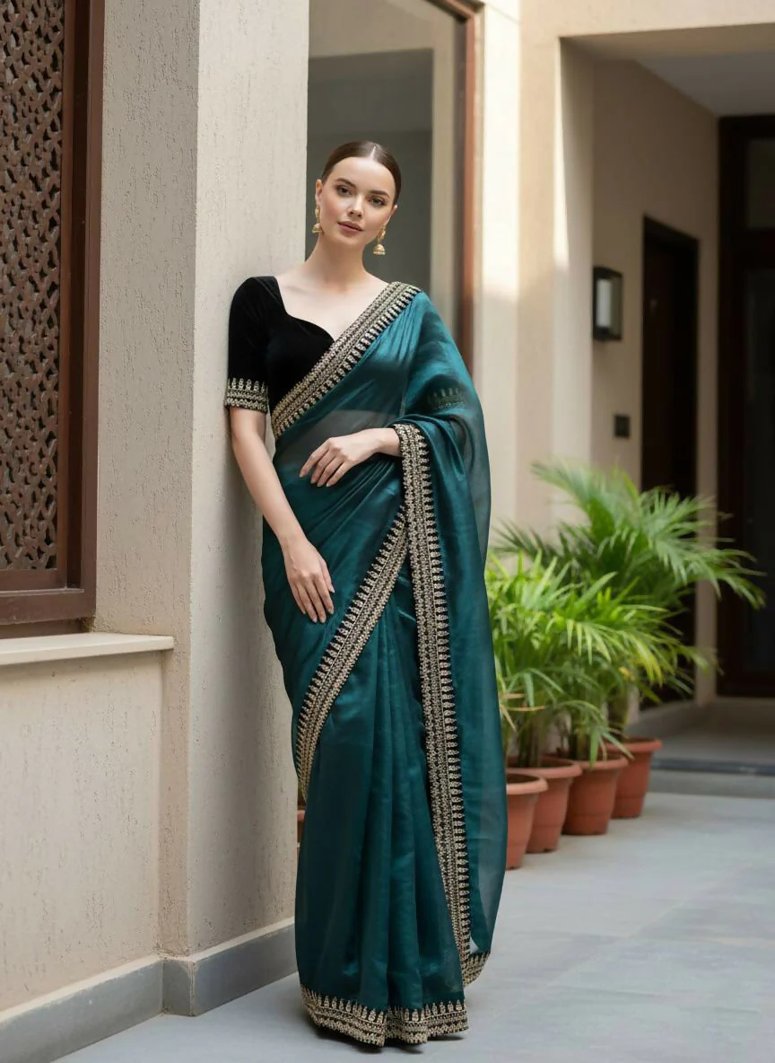 Joban Fashion Petrol Soft twill Net Party Wear Sarees - Image 2