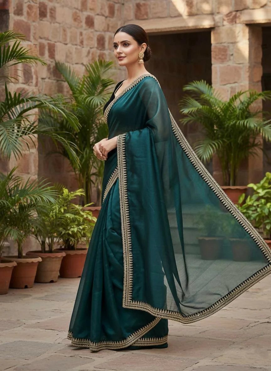 Joban Fashion Petrol Soft twill Net Party Wear Sarees - Image 3