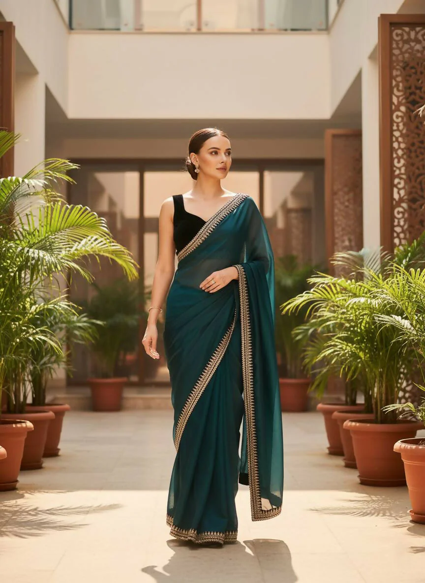 Joban Fashion Petrol Soft twill Net Party Wear Sarees - Image 4