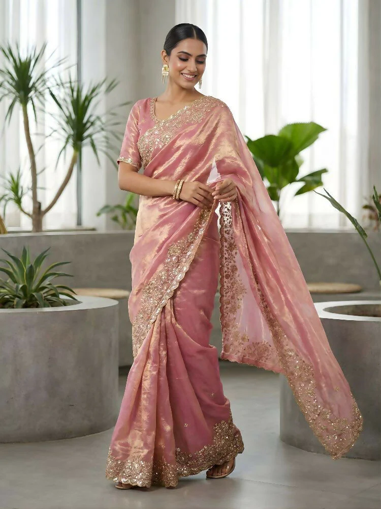 Joban Fashion Pink Fandy Satin Silk Party Wear Sarees - Image 2