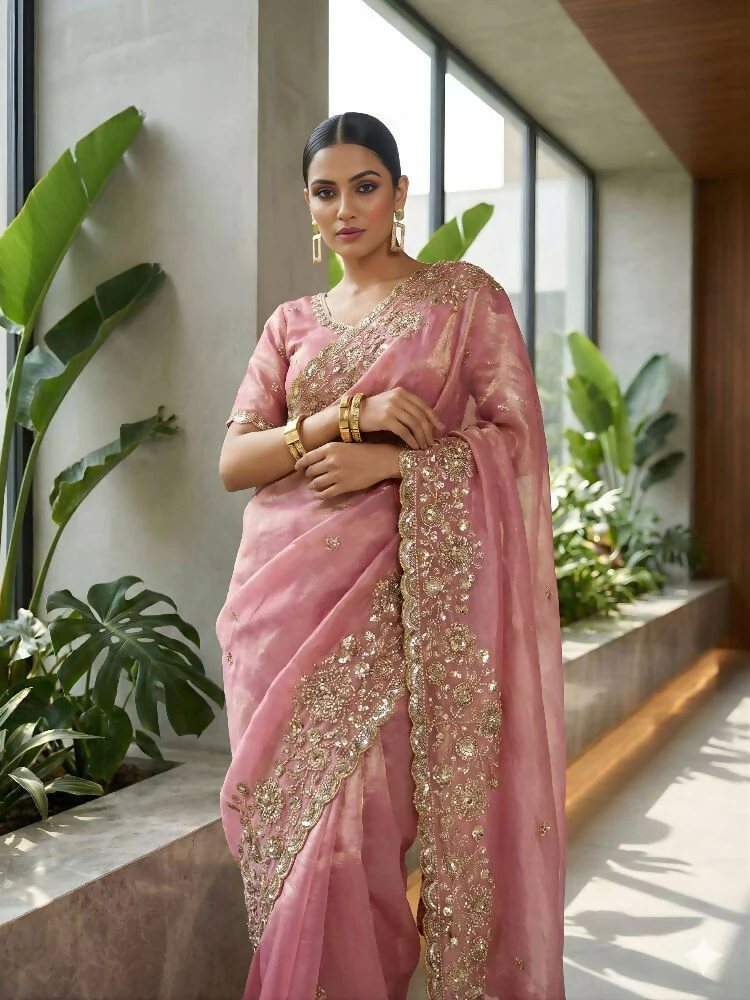 Joban Fashion Pink Fandy Satin Silk Party Wear Sarees - Image 3