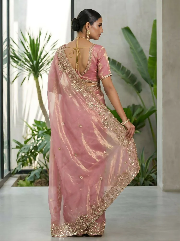 Joban Fashion Pink Fandy Satin Silk Party Wear Sarees - Image 4
