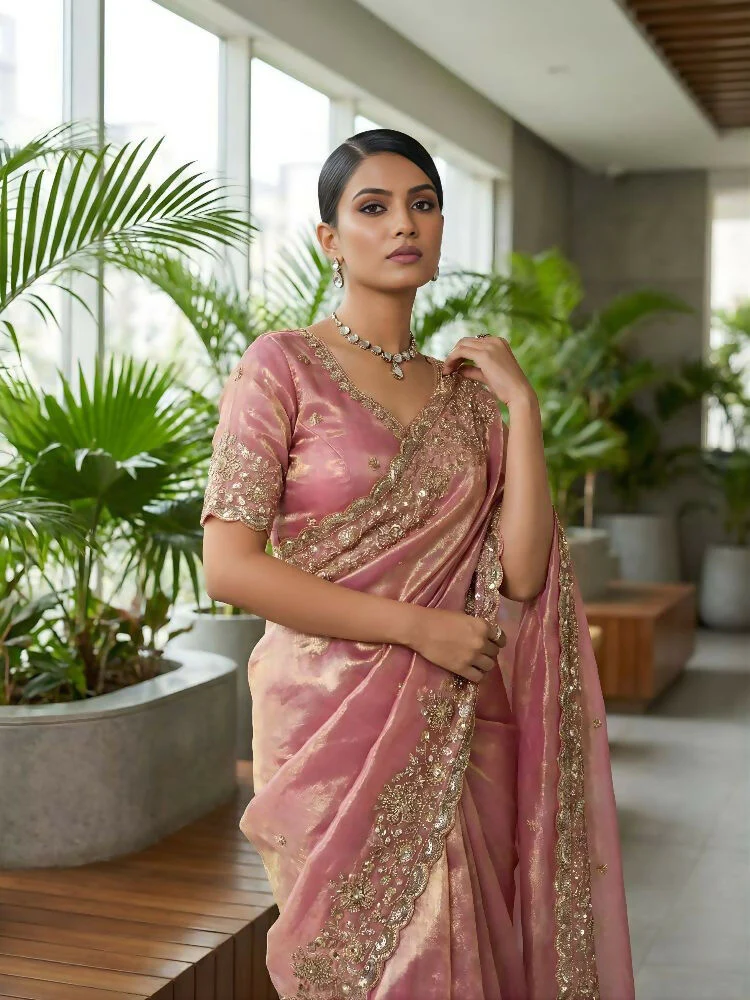 Joban Fashion Pink Fandy Satin Silk Party Wear Sarees - Image 7