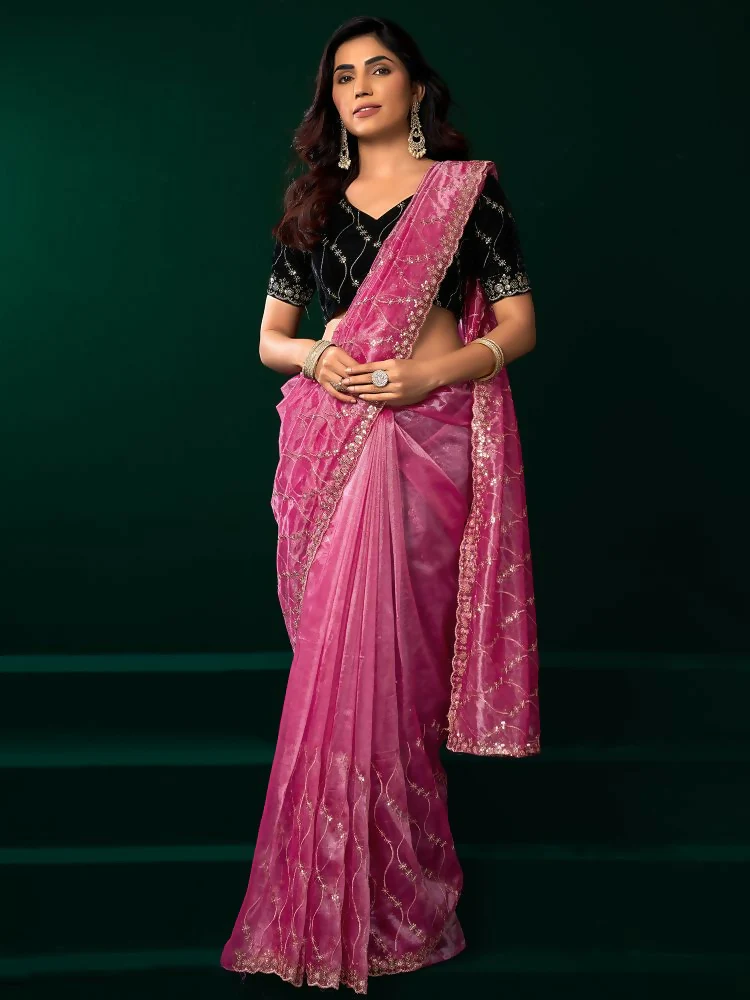 Joban Fashion Pink Net Party Wear Sarees - Image 2