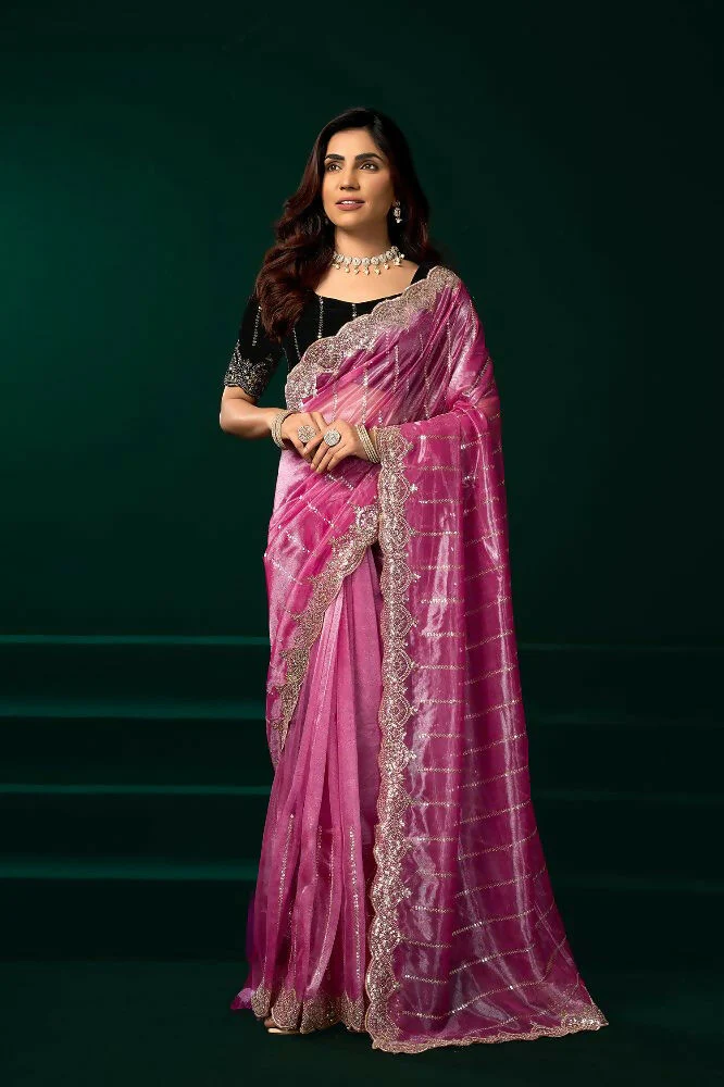 Joban Fashion Pink Net Party Wear Sarees - Image 2