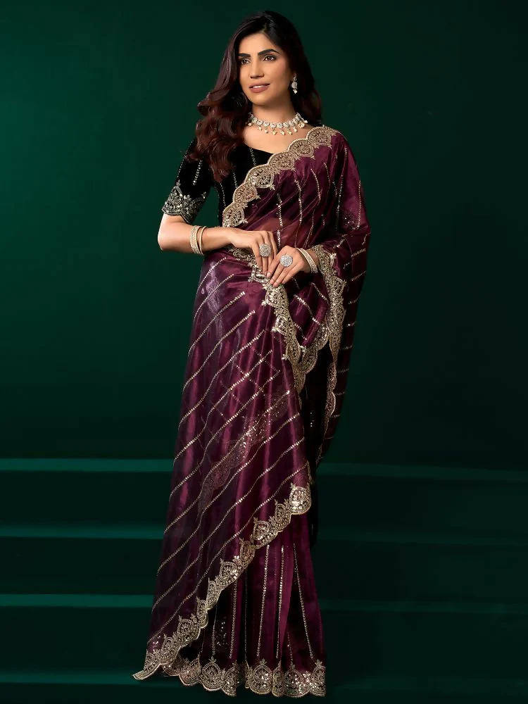 Joban Fashion Purple Net Party Wear Sarees