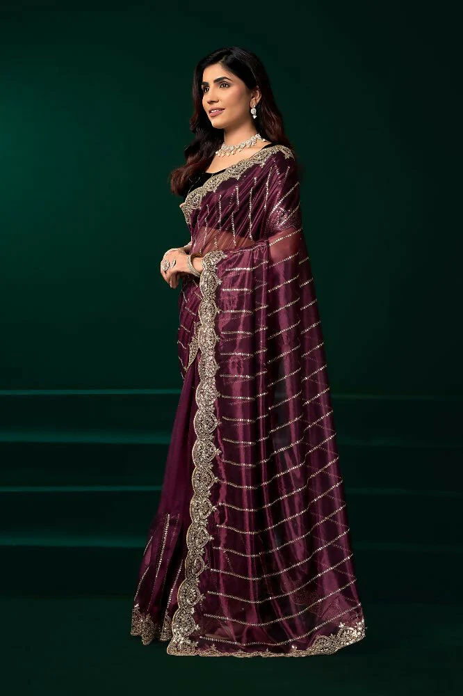 Joban Fashion Purple Net Party Wear Sarees - Image 2