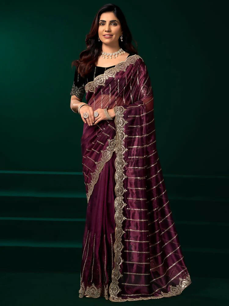 Joban Fashion Purple Net Party Wear Sarees - Image 4