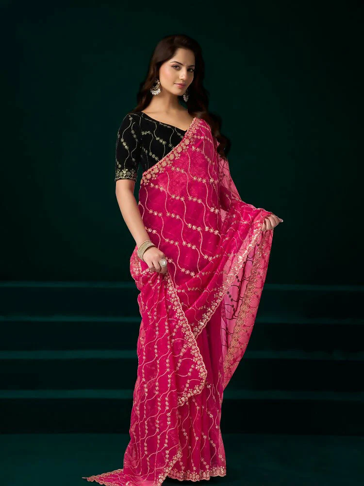 Joban Fashion Rani Pink Net Party Wear Sarees - Image 2