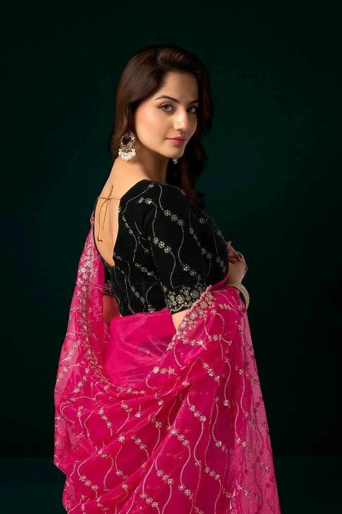 Joban Fashion Rani Pink Net Party Wear Sarees - Image 4