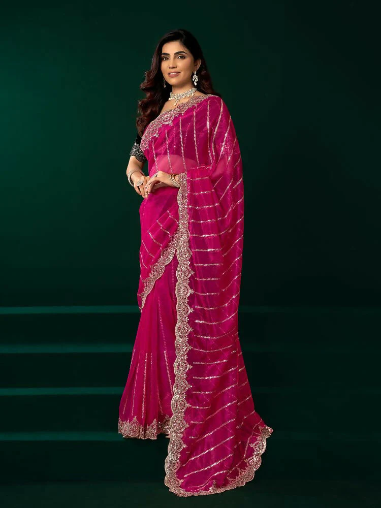 Joban Fashion Rani Pink Net Party Wear Sarees - Image 2
