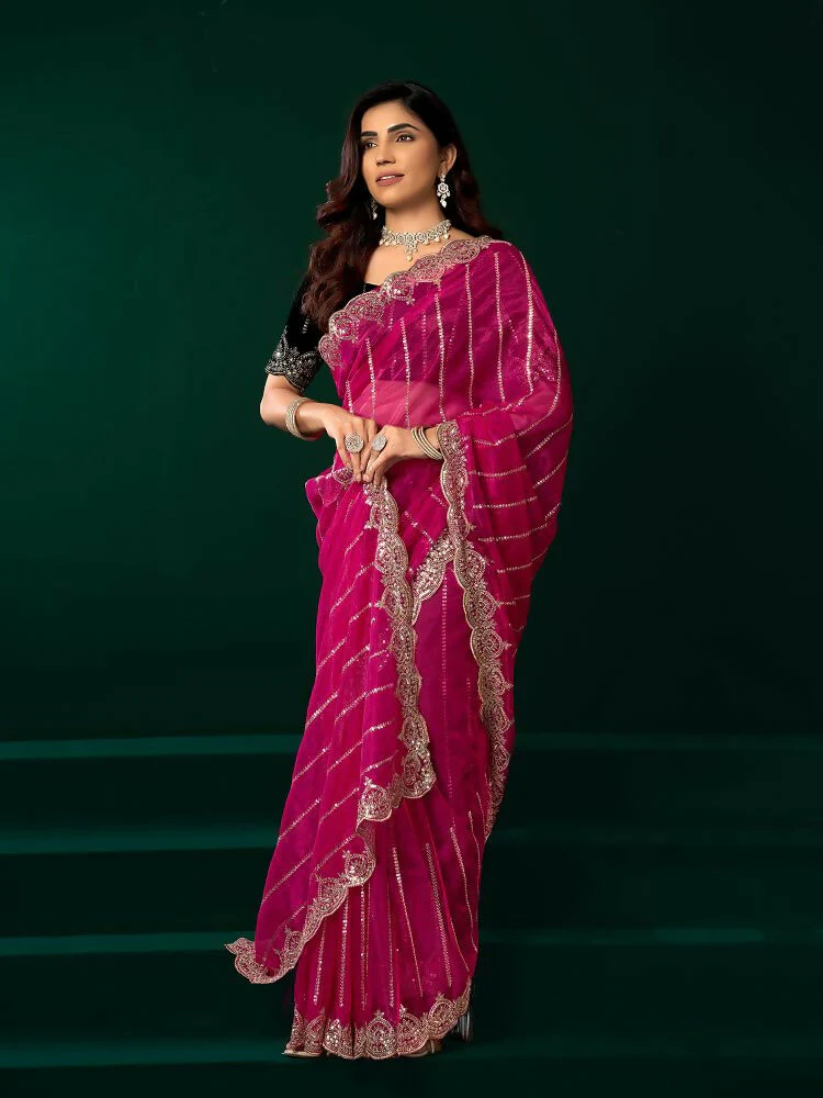Joban Fashion Rani Pink Net Party Wear Sarees - Image 3