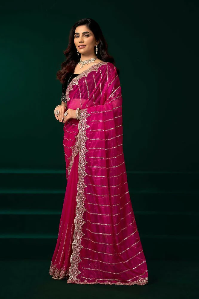 Joban Fashion Rani Pink Net Party Wear Sarees - Image 4