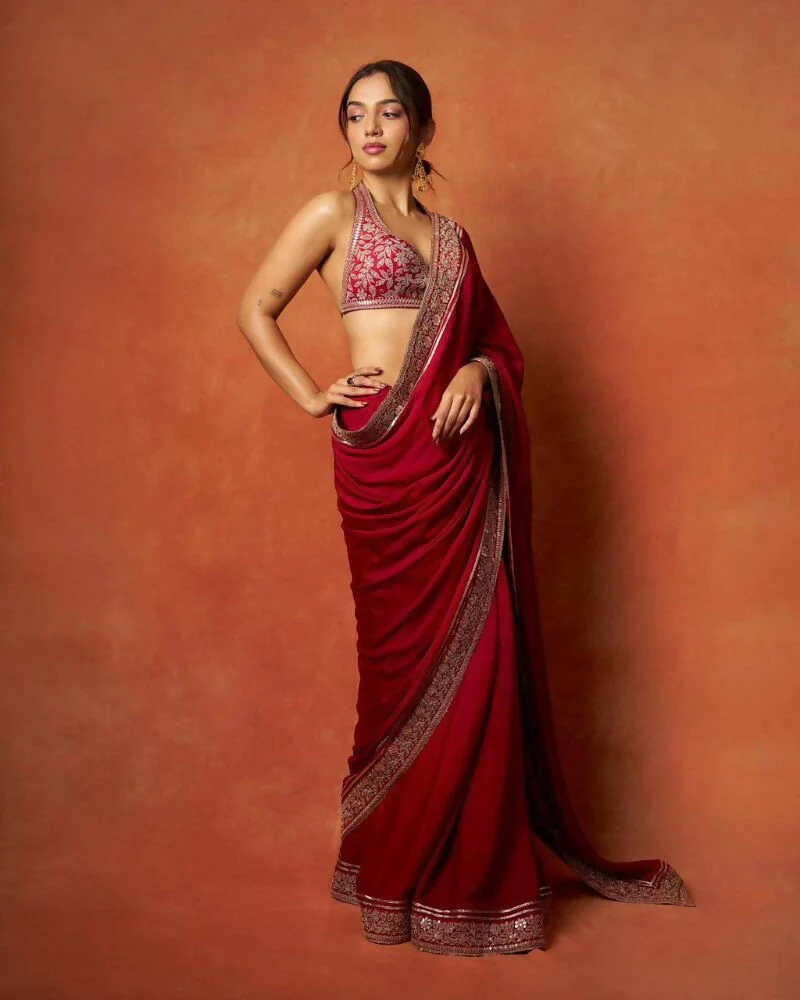 Joban Fashion Red Fandy Satin Silk Party Wear Sarees