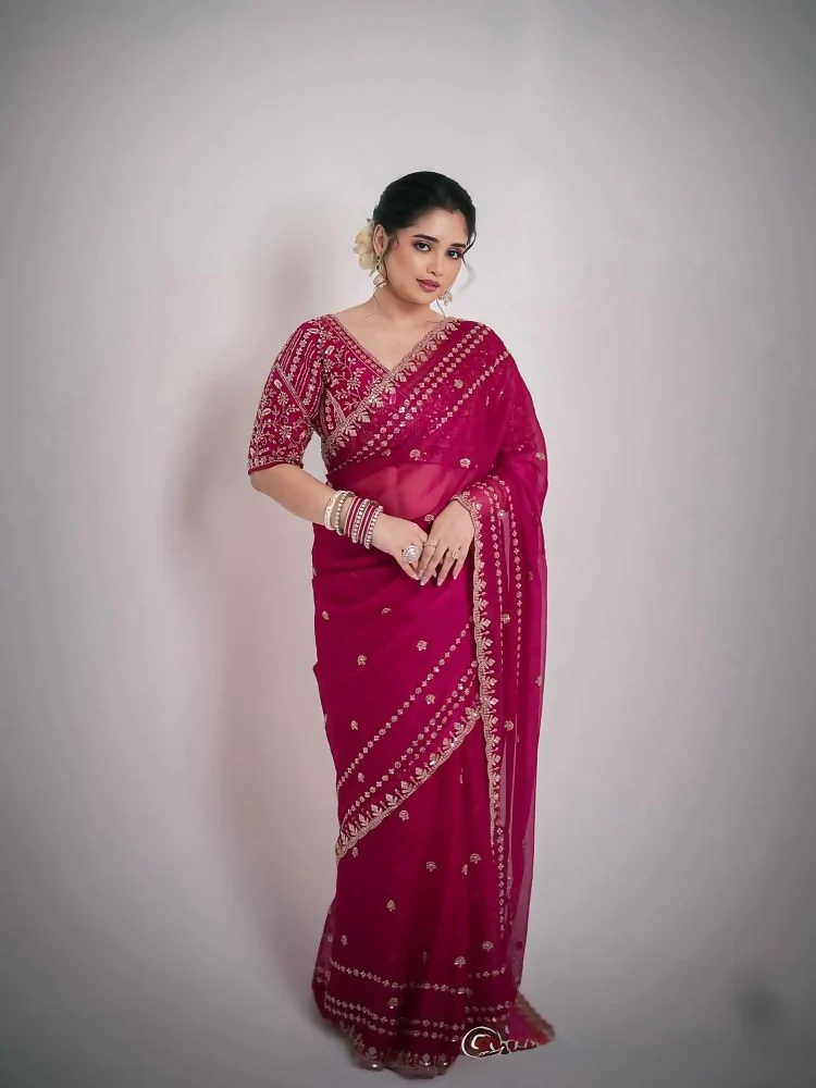 Joban Fashion Red Fandy Satin Silk Party Wear Sarees - Image 2