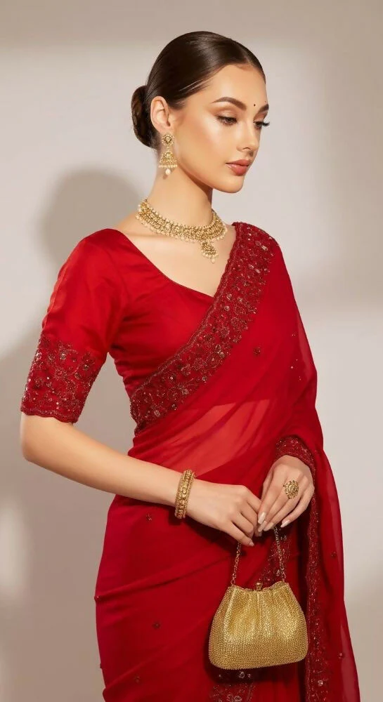 Joban Fashion Red Fandy Satin Silk Party Wear Sarees - Image 2
