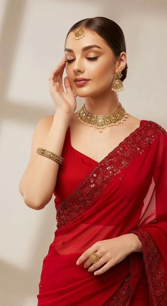 Joban Fashion Red Fandy Satin Silk Party Wear Sarees - Image 4